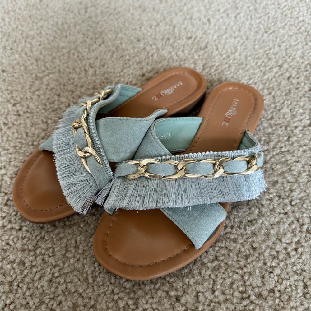 Marquiiz Fringed Suede Chain Link Slides - Seafoam Green Size 6